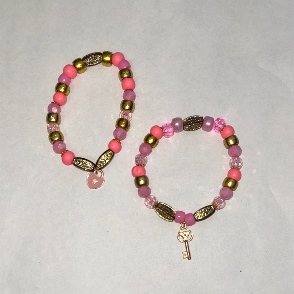 Pink & Gold Beaded Charm Bracelets - Set of 2